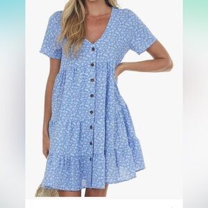 Elegant Blue Floral V-Neck Mini Dress